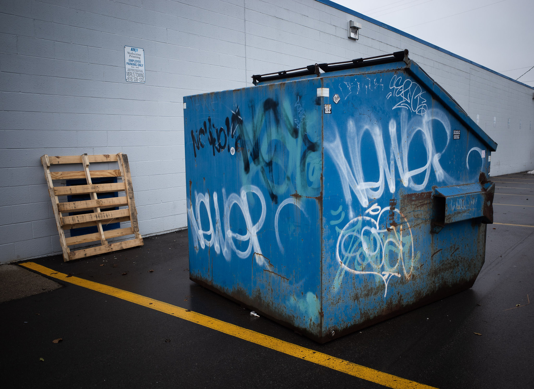 Photo of a blue dumpster in a parking lot